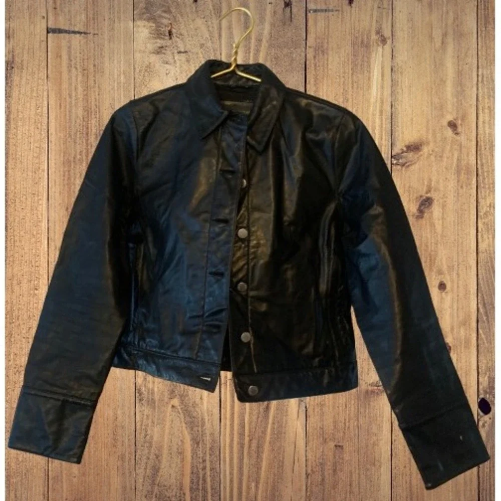 Y2K Banana Republic Black Leather Jacket Women's Size M Button Front Collar - Picture 2 of 8